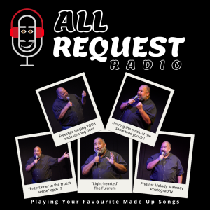 A black-background image explainer for the show "All Request Radio" The "All Request Radio" logo -- a microphone, with brown eyes, wearing red headphones -- the show title "All Request Radio" with All/Radio outlined in white with black fill, and Request in white fill Five polaroid-style images (1, 2 slightly askew on top, 3-5 in a row on the bottom) 1. Velvet, a fat Black person of a certain age, passionately sings into the microphone, eyes closed. "Freestyle singing YOUR made up song titles" 2. Velvet looks off to the left side, left hand in an expressive fist. "Hearing the music at the same time you do!" 3. Velvet expansively extends their left hand out to the side while speaking to the audience. "Entertainer in the truest sense" apt613 4. Velvet looks up to the sky while singing. "Light-hearted" The Fulcrum 5. Velvet speaks to the audience through a microphone. Photos: Melody Maloney Photography At the bottom of the image are the words "Playing Your Favourite Made Up songs"