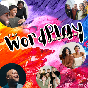 The WordPlay Jamnasium square poster has a multi-colour background of painted feathers in oranges, pinks, and blues. Around the edges of the image, overlayed atop the background, images of people smiling and laughing; a circle image of Velvet Wells is in the bottom left corner and the Velvet Duke Production logo (in white) is in the bottom right corner
